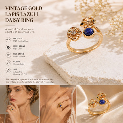 Vintage Gold S925 Lapis Lazuli Daisy Ring Adjustable French Style Jewelry Gift 