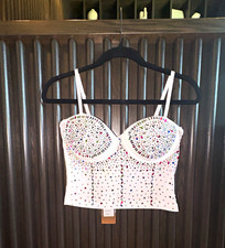LC White Satin Rhinestone Bustier Corset Top Underwire Zipper Size S