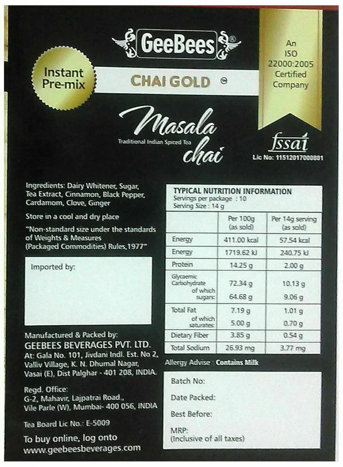 Geebees Chai Gold Instant Premix Masala Tea Sweetened - 140 grammes - Photo 3/3