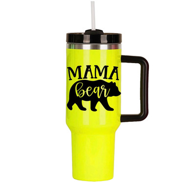 40oz STAINLESS STEEL TUMBLER W/HANDLE - MAMA BEAR FLORESCENT  TUMBLER, GIFT4HER