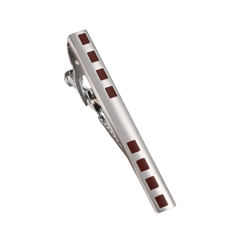 Men Silver Plated Copper Cuff Links Red EnamelClassic Wedding Jewelry Tie Clip - Image 4 of 4