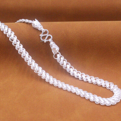 Pure 999 Fine Silver Necklace Men Women 9mm Carved Dragon Head Link Chain 22inch