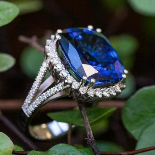 3Ct Cushion Cut Tanzanite Split Shank Ladies Engagement Ring 14K
