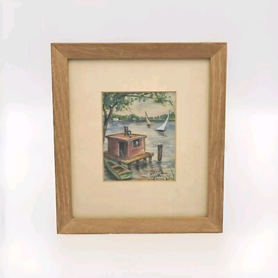 Dorothy Young Painting Boat House Landscape Water Color Lake Professional Frame