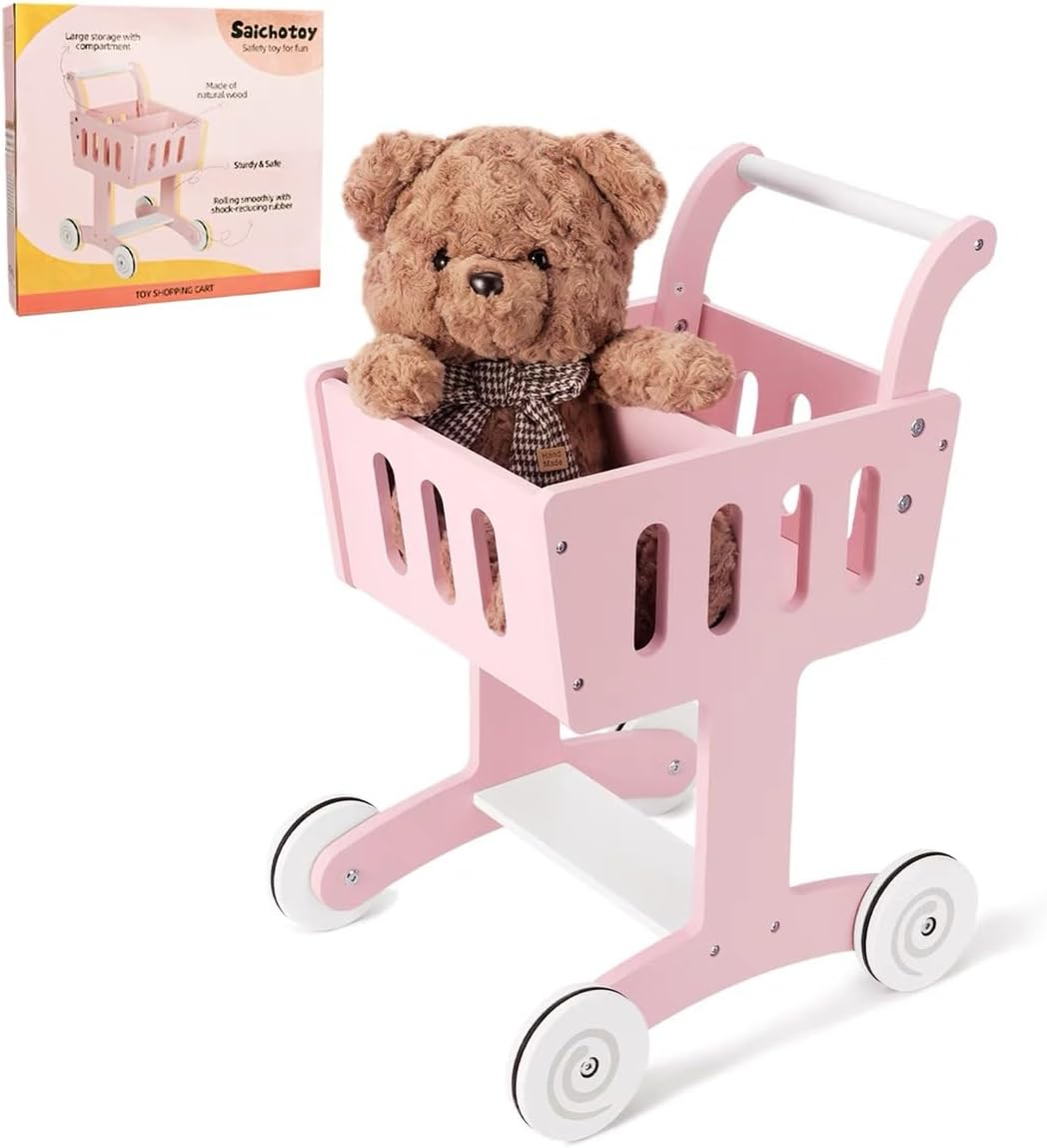Wooden Shopping Cart for Toddlers Doll Stroller, Baby Walker Push Toy