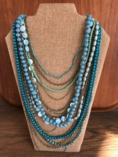 Blue  Turquoise Bead  Silver Chain Multi Strand Statement Necklace - Signed