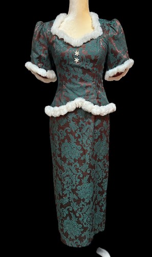 Vintage Jessica McClintock Bridal Dress Size 5/6 Green Brown Brocade Fur *Read