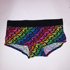 Victoria Secret PINK Panty Boyshort Banded Trim Black Rainbow Print Logo New
