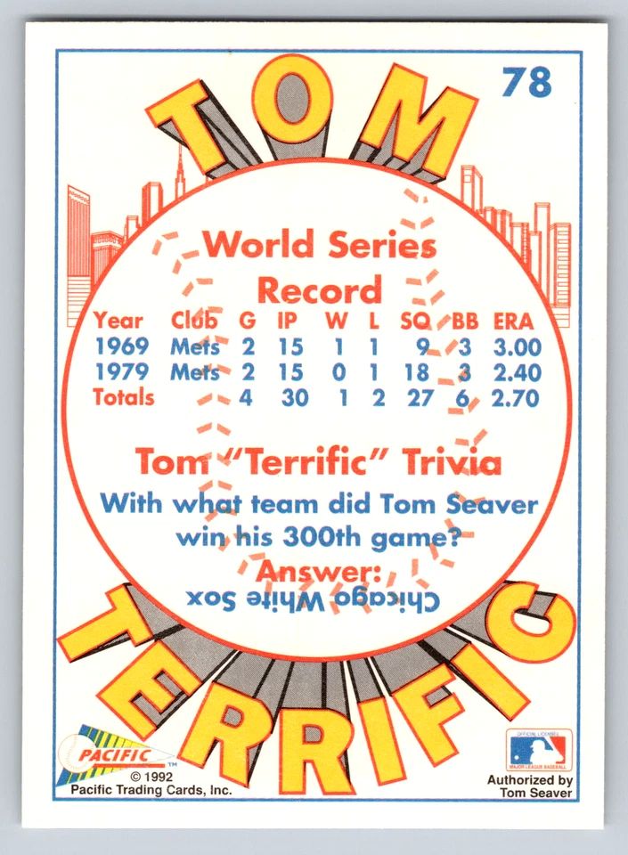 1992 Pacific Seaver #78 Tom Seaver New York Mets Baseball Card - Image 2 of 2