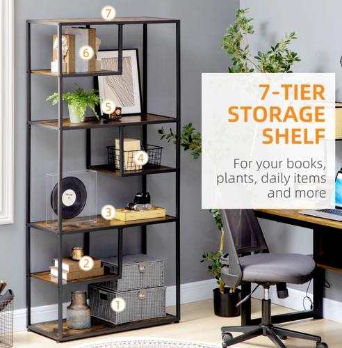 Rustic Brown Large Industrial Bookcase Bookshelf Shelving Unit with Steel Frame - Picture 4 of 6