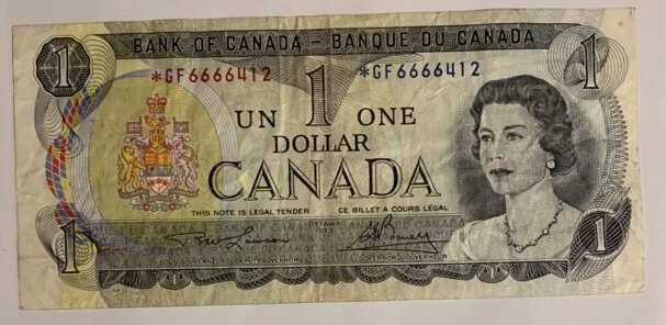 1973 One Dollar￼￼ Bank of Canada￼ Replacement ￼Note Circulated ￼*GF6666412 ￼￼ - Image 2 of 4