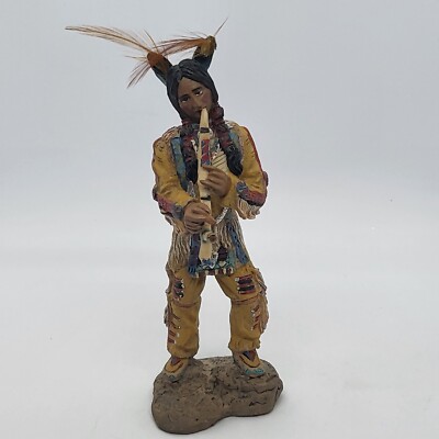 Vintage Indianer Musiker Figur echte Feder Verzierungen 7 Zoll Harz 