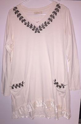 LOGO Tunic Top Knit Blouse Large White Beaded Crystal Velvet Trim Lori Goldstein