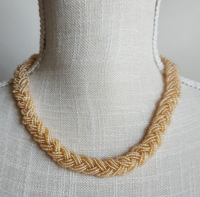 Vintage Champagne Glass Seed Bead Braided Necklace | 18'' | Gold Tone Clasp