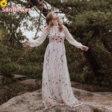 Boho Colorful Flowers Wedding Dresses Scoop Neck Long Puffy Sleeevs Bridal Gowns