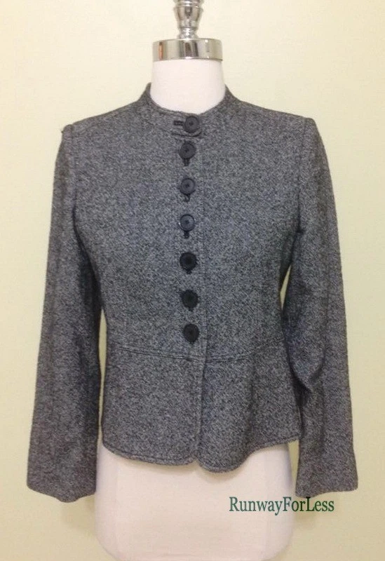 CHAQUETA BLAZER BURBERRY LONDON MUJER GRIS NEGRO TWEED LANA PEPLUM TALLA US 4