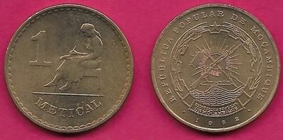 MOZAMBIQUE 1 METICAL 1982 XF FEMALE STUDENT SEATING,AND VALUE,COUNTRY EMBLEM,SCR