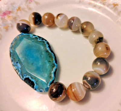 Blue Agate Slice & Botswana  Beads Stretch Bracelet Boho Chunky Artisan Stone