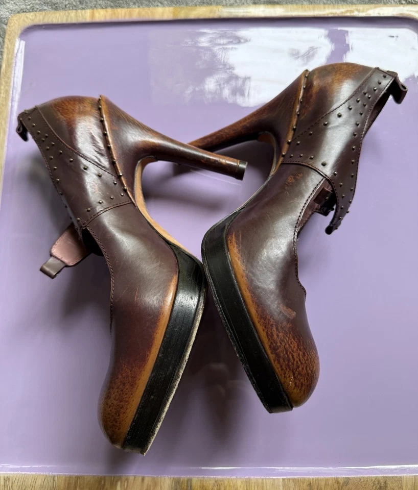 Derek Lam Tachonado Cuero Marrón Tostado Tacones Altos Punta Cerrada 38 EE. UU. 7,5 Boho 4 Pulgadas Foto 3 de 4