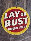 Vintage Ande Rooney LAY OR BUST  Poultry Feeds Porcelain Metal SIGN
