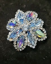 Vtg Light Blue AB Rhinestone Flower Silver Tone Brooch Marquise Stones Shiney