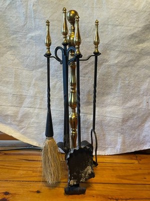 Small 24'' Fireplace Tool Set 4 Piece With Holder Black Wrought Iron Brass 25/166