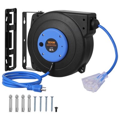 Retractable Extension Cord Reel, 50 FT, Heavy Duty 14AWG/3C SJTOW Retractable Po