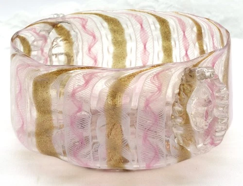 Venetian Murano Zanfirico Ribbon Twist Latticino Glass Bowl Pink & Aventurine