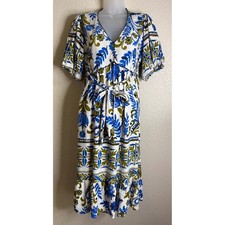 Fig Flower Womens S Midi Dress Blue White Floral Linen Blend Puff Sleeve Resort