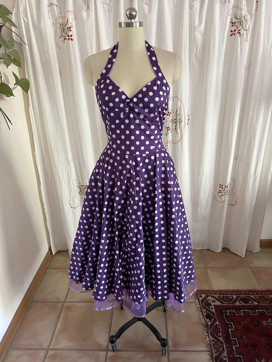 purple 50s style dress Retro 50s-Style Rockabilly Pinup Halter Dress sz 8/10 Purple Polka Dot Tea  Swing