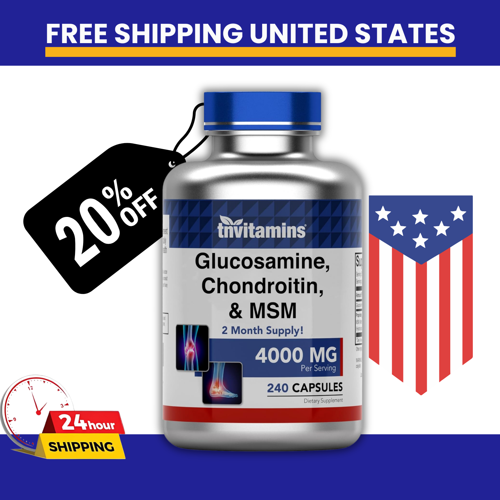 Glucosamine Chondroitin  MSM Triple Strength Joint Support 4000mg 240 capsules