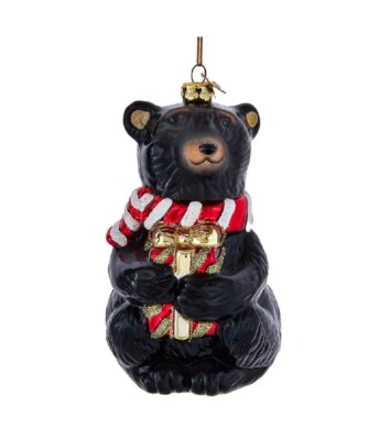 Kurt Adler Noble Gems Black Bear w/Gift Glass Christmas Ornament-4.5'' H