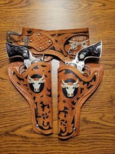 Vintage Wyatt Earp Brown Leather Double Holster Bullhead Designs 1950s