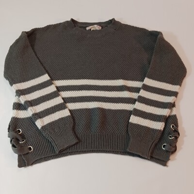 Pink Republic Women's Gray White Stripes Long Sleeve Pullover