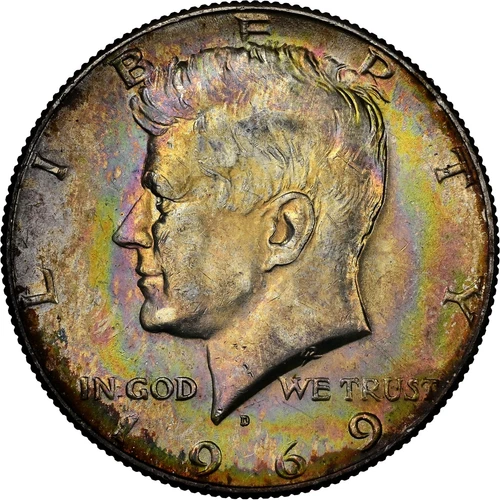 1969 D Kennedy Silver Half Dollar NGC AU58 Rainbow Toned Full Color Toning