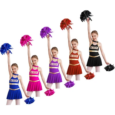INHZOY Girls Cheerleader Costume Cheerleading Kids Cheer Dress Uniform with Pom Poms