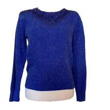 Raoul VINTAGE Blue Silk Angora Sweater Womens Beaded Sequins Long Sleeve Sm