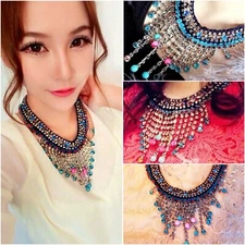 New Unique Women Stylish Vintage Colorful Rhinestone Collar Bib Necklace Chain