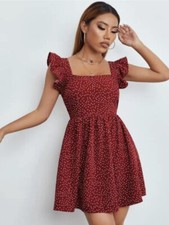 Shein Polka Dot Ruffle Trim Shirred Bodice Dress Small US 4 