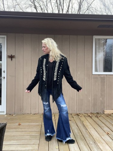 Leather Gallery Black Suede Fringed Jacket Ladies Large Beaded Stunning Suede - Picture 14 of 18