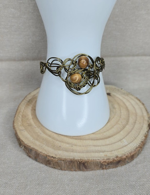 Delicate Wire Bangle Bracelet Wood Bead Leaf Charm Boho Twist Knot Neutral Folk