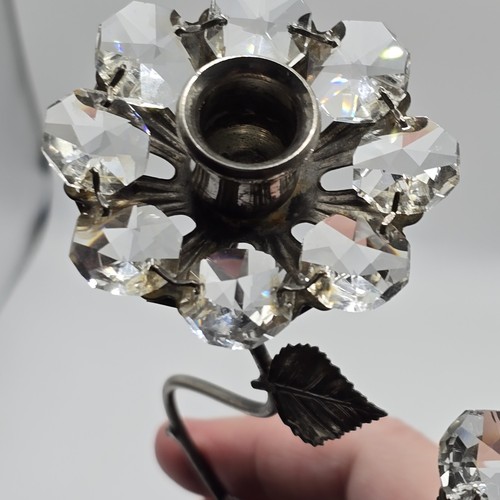 Candelabra Prism Crystal Flower Shaped Sconces Silver Plate Vintage Candleholder - Picture 4 of 15