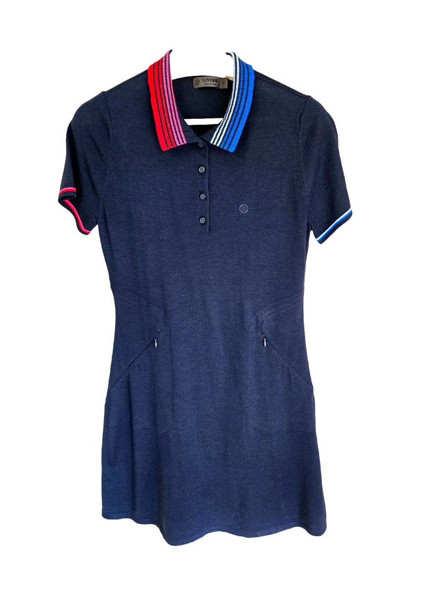 ★G/FORE★STRIPED KNIT DRESS(WOMEN)★ゴルフ G/fore Fine Knit Dress Women M Navy Blue 100% Wool Soft Pkts