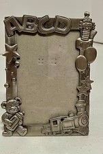 Vintage Pewter Sweet Babies ABC  TRAIN Picture Photo Frame Holds 4X6