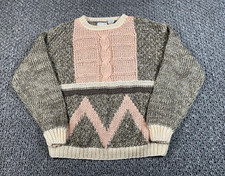 VTG 80s Hand Knit Chunky Geometric Pattern Sweater Women's Large Gray Pink