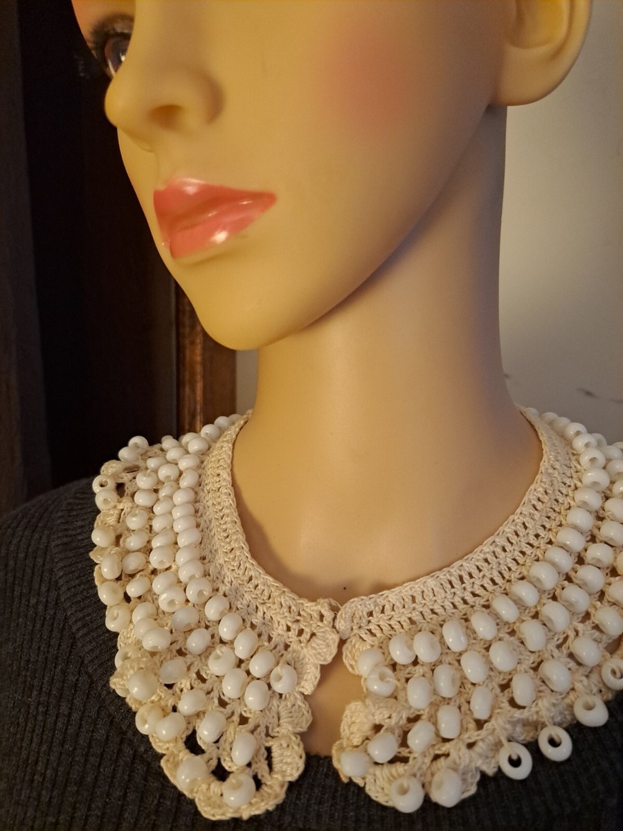 Vintage Beaded Collar White Donut-shape Plastic Beads Crochet 1950s