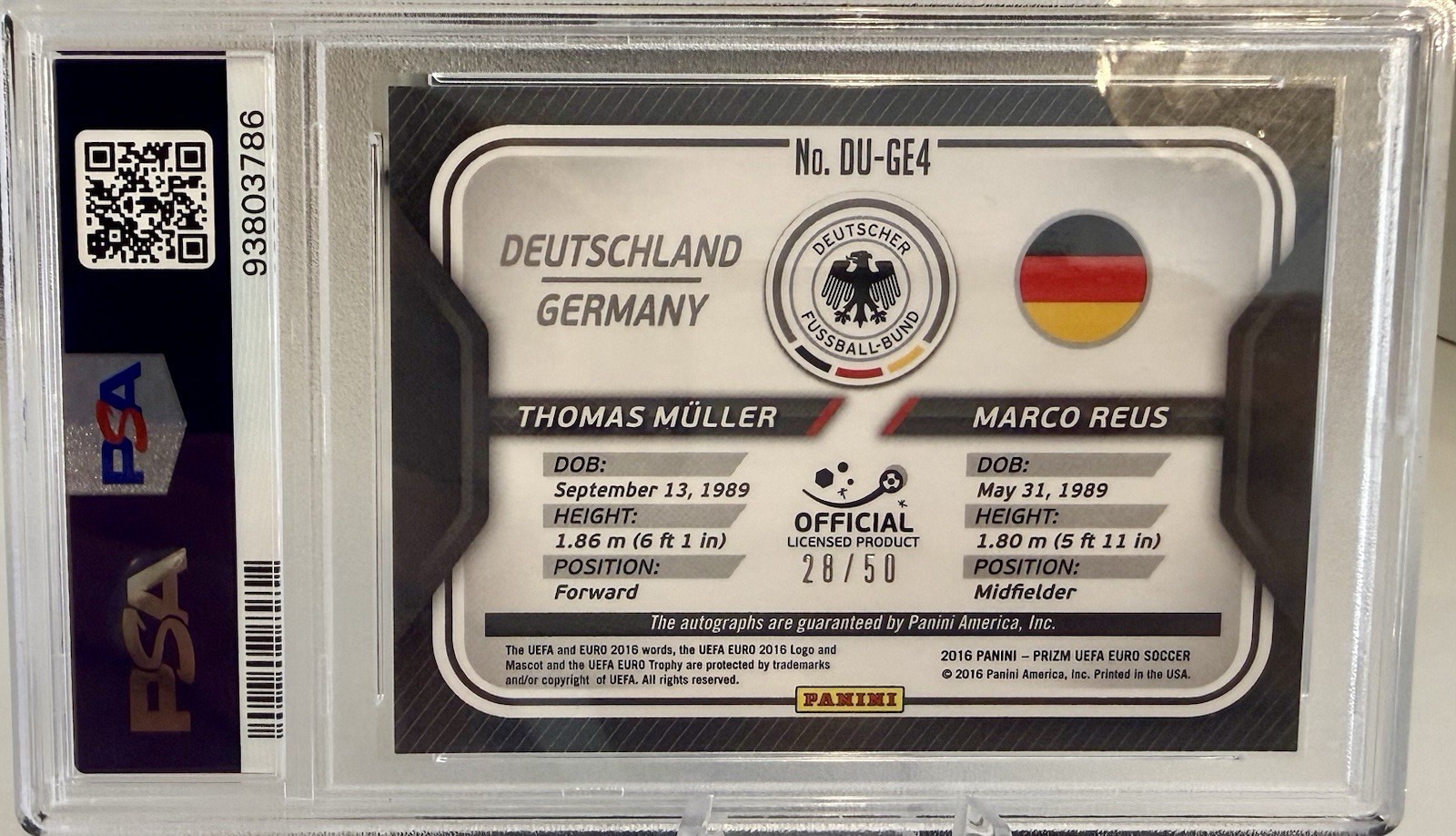 2016 Panini Prizm UEFA Euro Dual Signatures T. Muller & M. Reus PSA 10 Auto 10 view 2