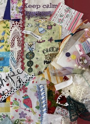 slow stitch junk journal kit Butterflies Gardening Vtg / Mod Lace Fabric Snippet