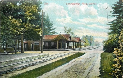 c1910 Sacandaga New York Railroad Park Depot Bossleman Postcard 26-920