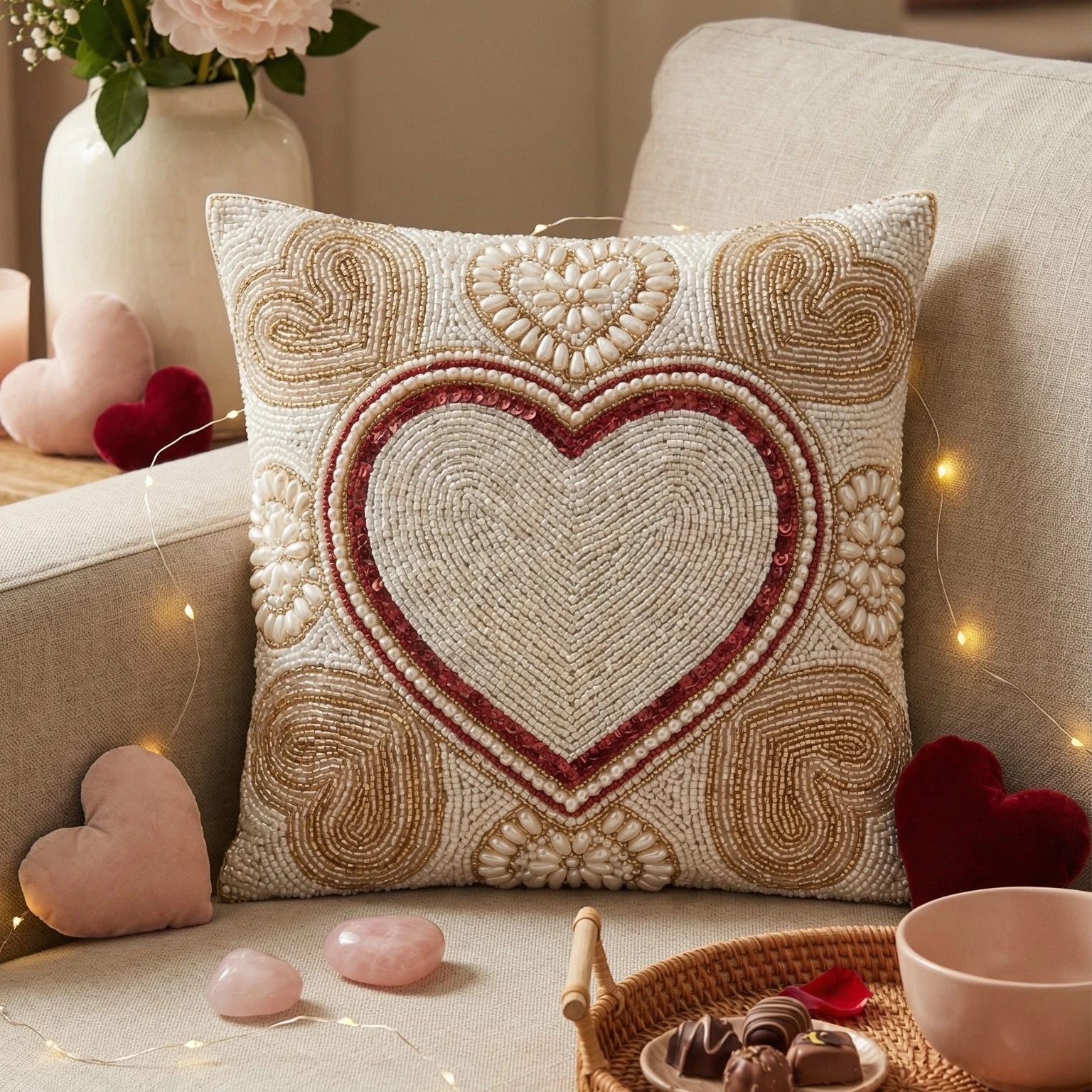 Beaded Heart Throw Pillow Cover - Romantic Decorative Cushion - Available in
Opens in a new window o